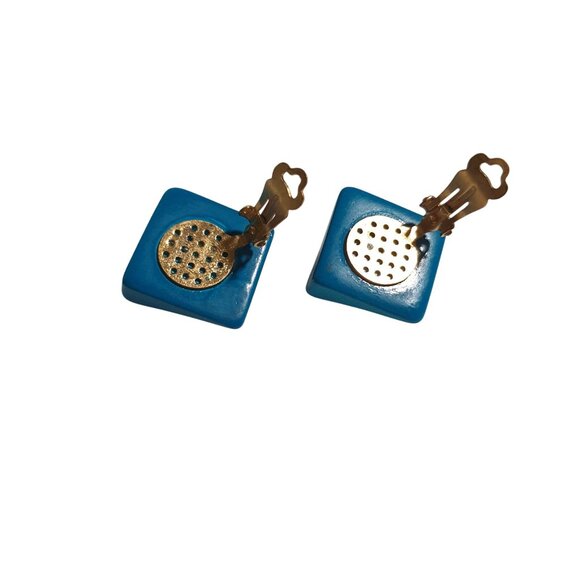 Vintage Teal Square Clip On Earrings Gold Tone Backing Bold Retro Style Jewelry - Picture 4 of 4